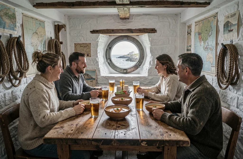 L'intérieur marin du bistrot Y'a Skiff sur l'île d'Ouessant, avec ses murs blanchis à la chaux, ses cartes nautiques et sa vue sur la mer grise