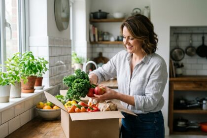 Femme déballant une livraison de courses à domicile dans sa cuisine avec des légumes frais et des produits alimentaires