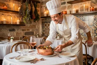Chef présentant une bouillabaisse traditionnelle dans un restaurant gastronomique marseillais au décor provençal authentique