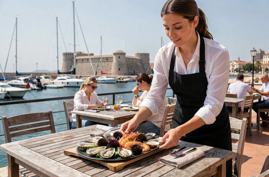 Serveuse déposant un plateau de fruits de mer sur une terrasse de restaurant avec vue sur le Vieux-Port de Marseille